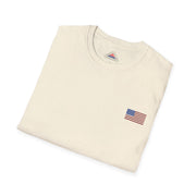 Folded cream-colored sweatshirt with an American flag patch on a white background