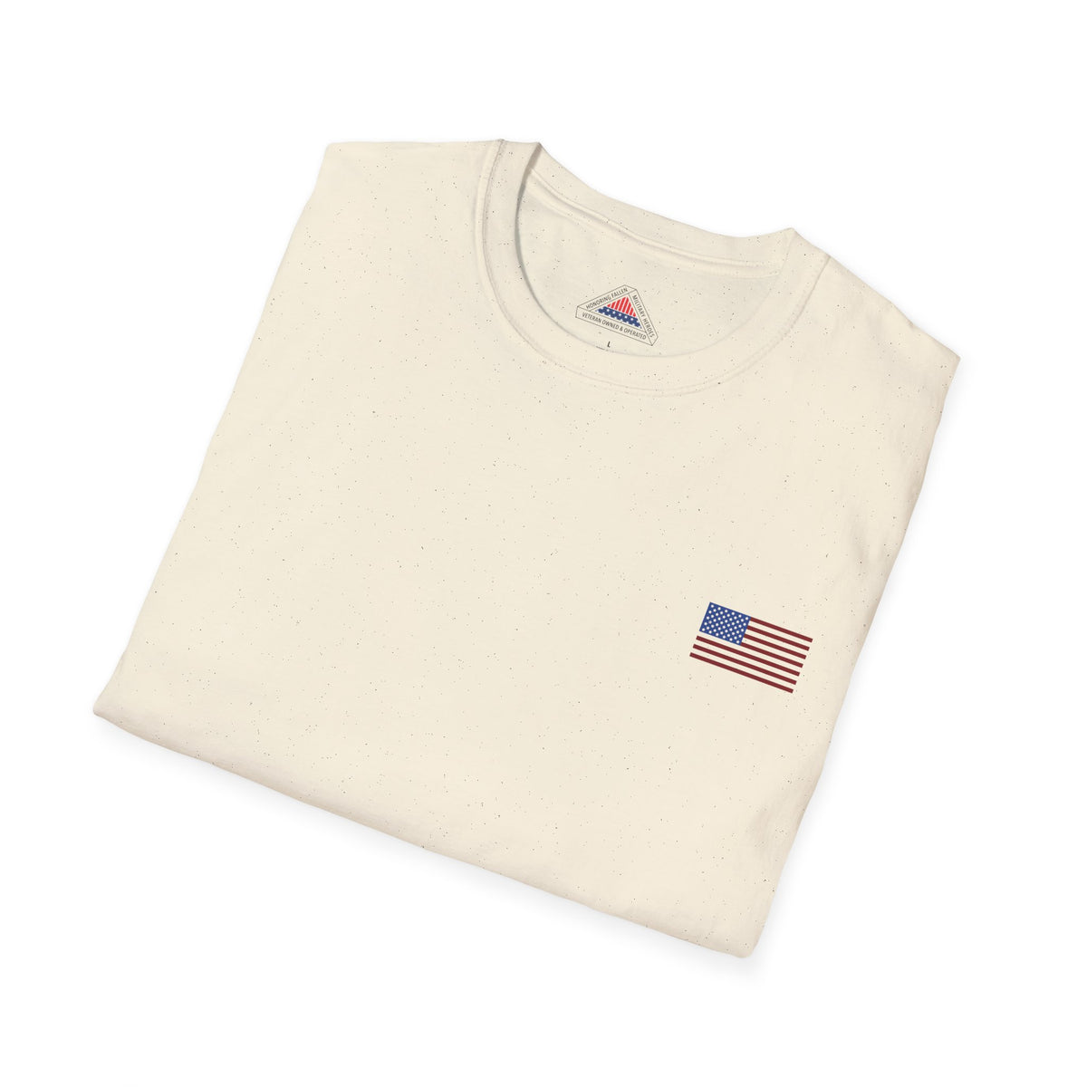 Folded cream-colored sweatshirt with an American flag patch on a white background